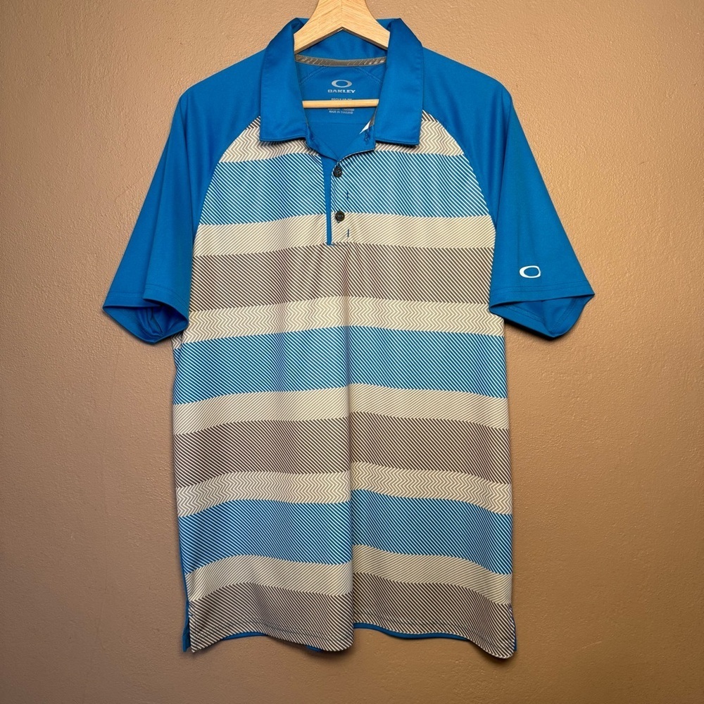 Oakley Mens Large Hydrolix Polo Shirt Blue White & Gray Short Sleeve Golf Attire